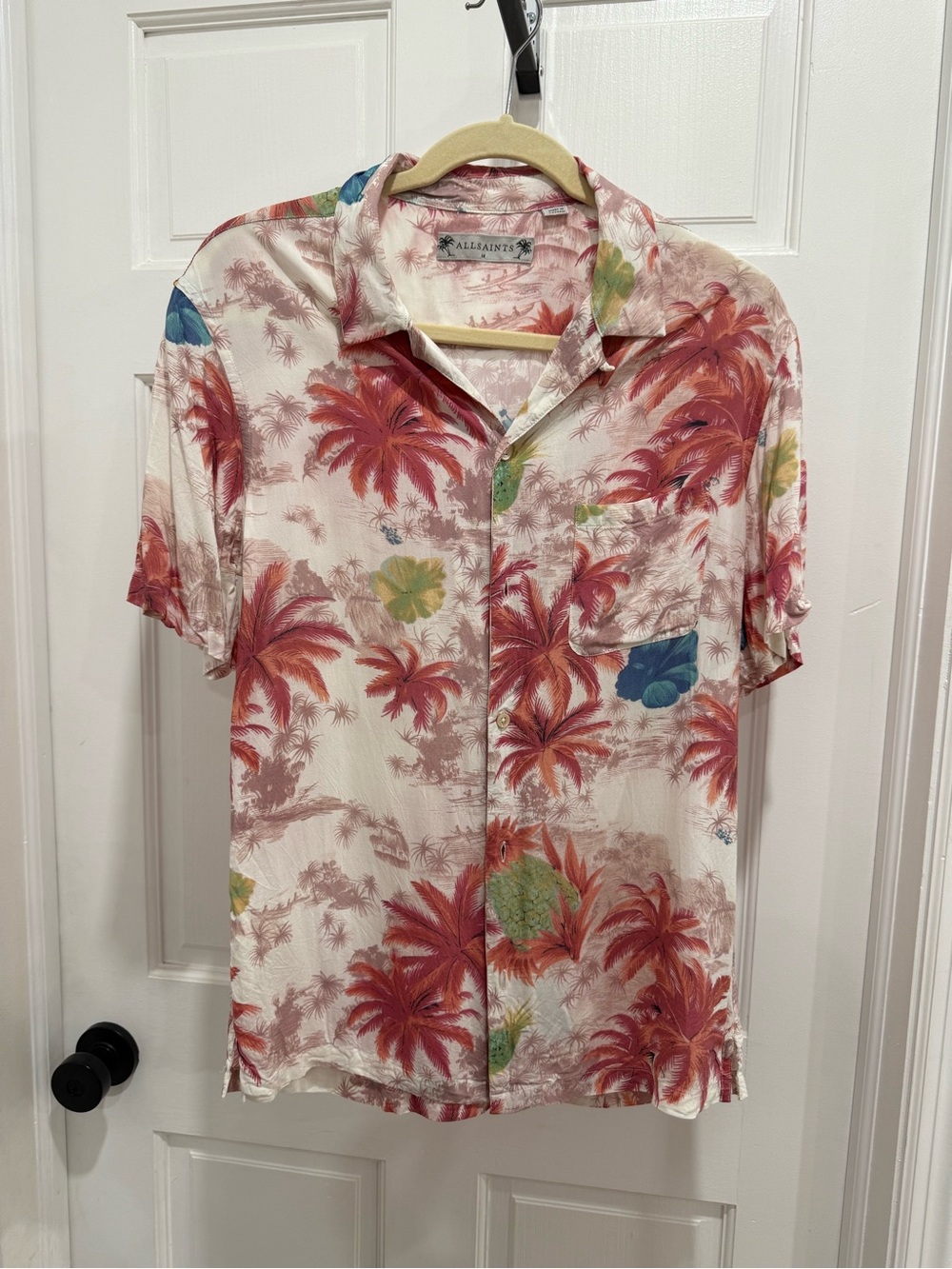 All Saints Men’s Tropical Palm-Print Short Sleeve Shirt in Red and Blue Accents